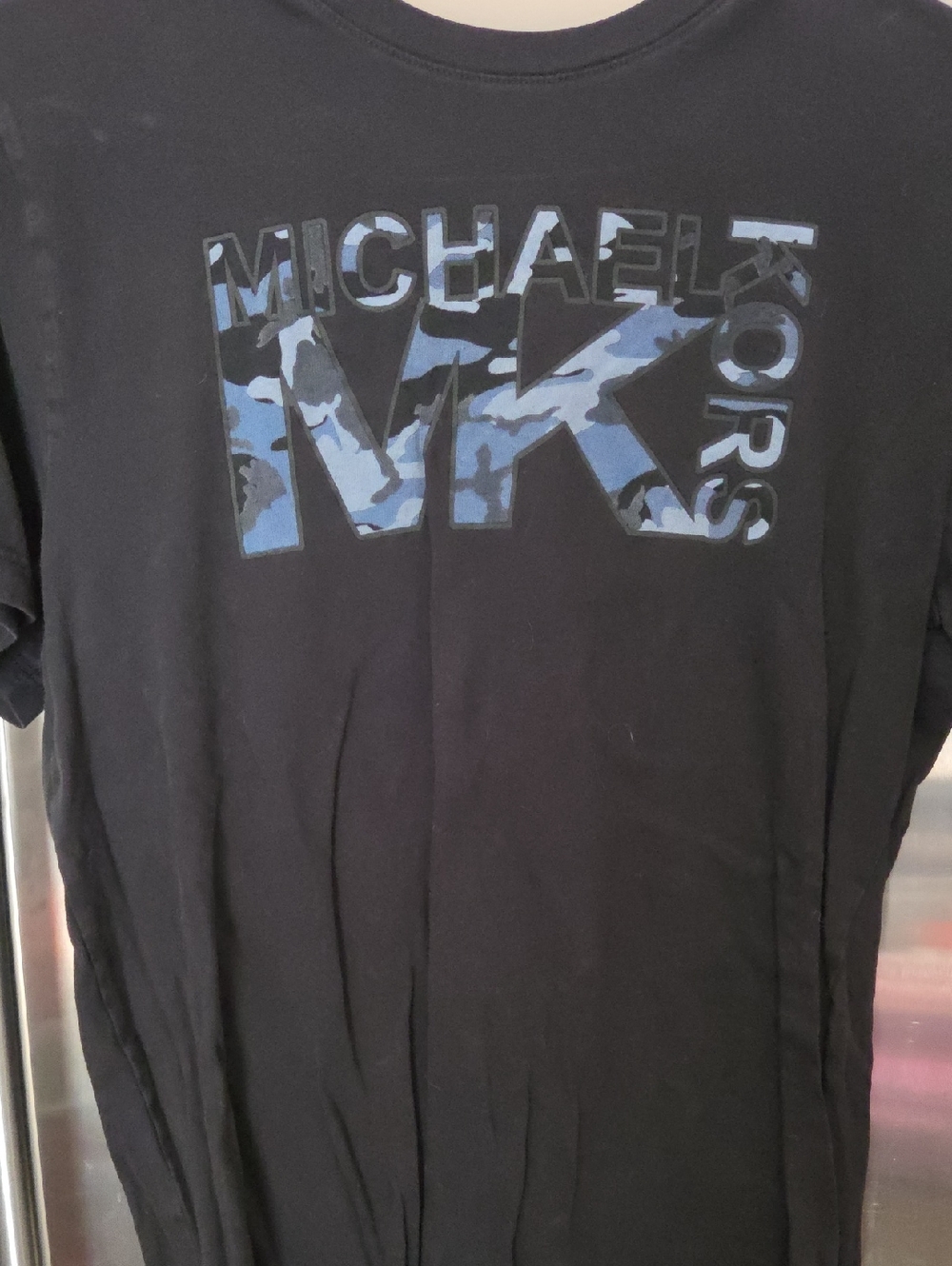 Michael Kors Black Short Sleeve Tee with Blue Camouflage MK Logo